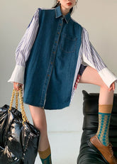 Vestidos camiseros de algodón con estampado de rayas y patchwork de mezclilla con bloques de color en tallas grandes